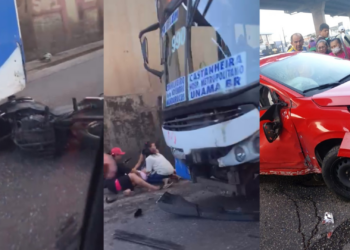 Ônibus, carro e moto colidem no túnel do Entroncamento, em Belém