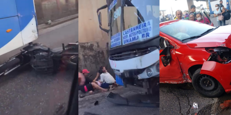 Ônibus, carro e moto colidem no túnel do Entroncamento, em Belém