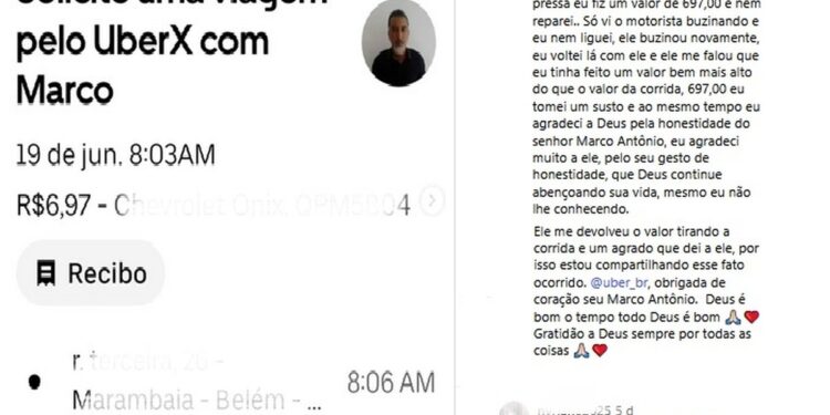 História de honestidade viraliza: por engano, passageira paga 100 vezes mais em corrida e motorista devolve valor no Pará