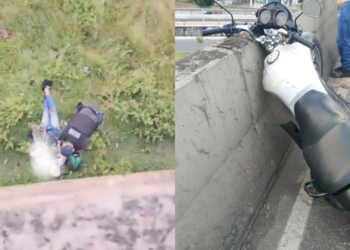 Motociclista cai do viaduto do Entroncamento, em Belém; VÍDEO