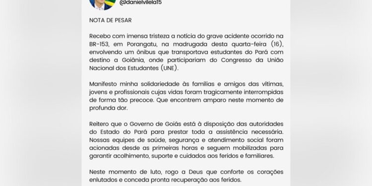 Governador lamenta acidente na BR-153 que envolveu estudantes que saíram do Pará para congresso em Goiânia: 'Vidas tragicamente interrompidas'