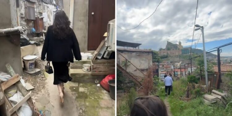 É #FAKE que vídeo mostre empresária estrangeira andando por rua estreita com encanamentos expostos até hospedagem da COP30, em Belém