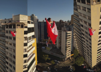 Com saia de carimbó, atleta de highline homenageia o Pará a mais de 200 metros de altura em Belo Horizonte